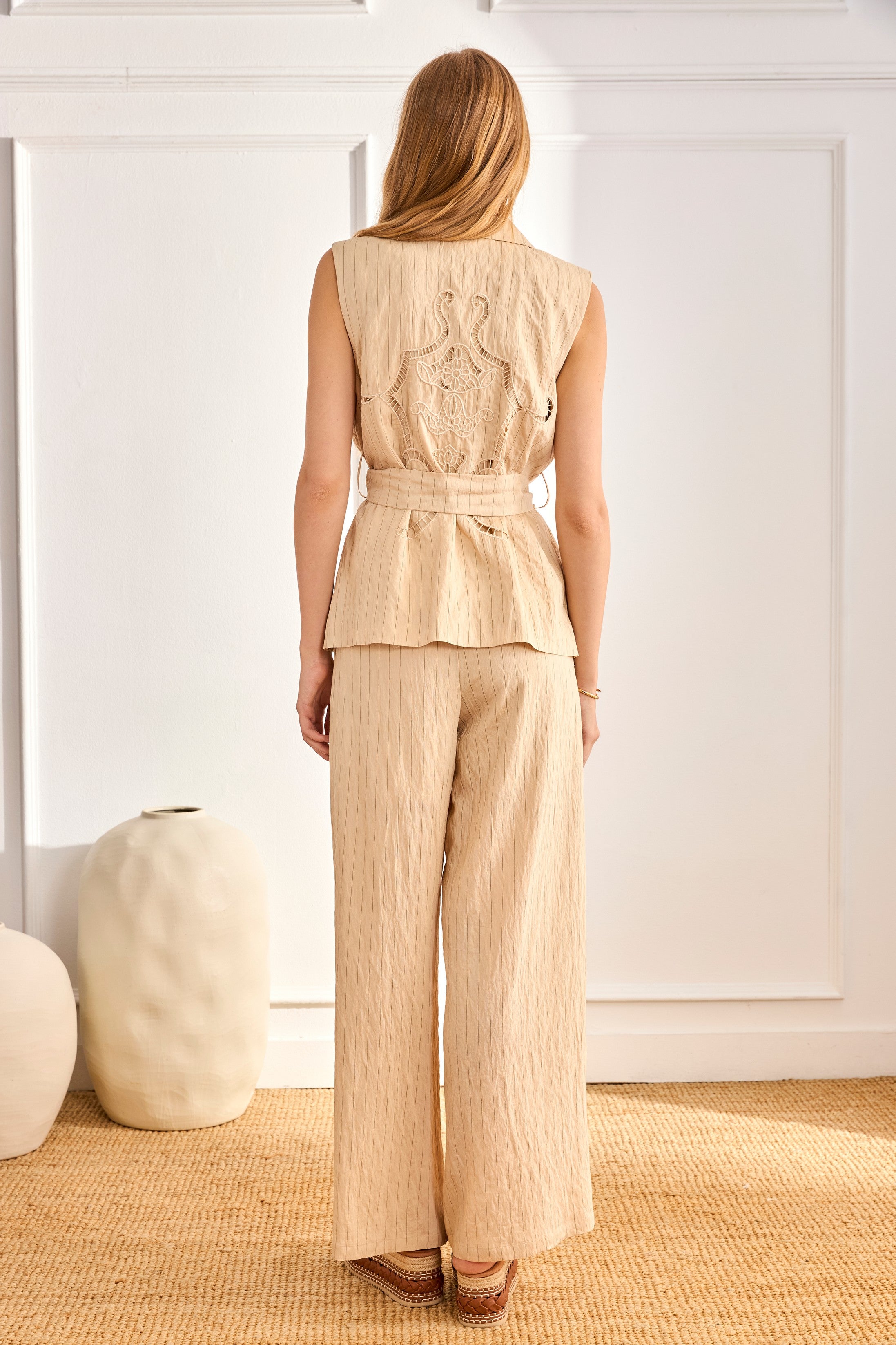 PINSTRIPE VEST WITH BOW - CAMEL