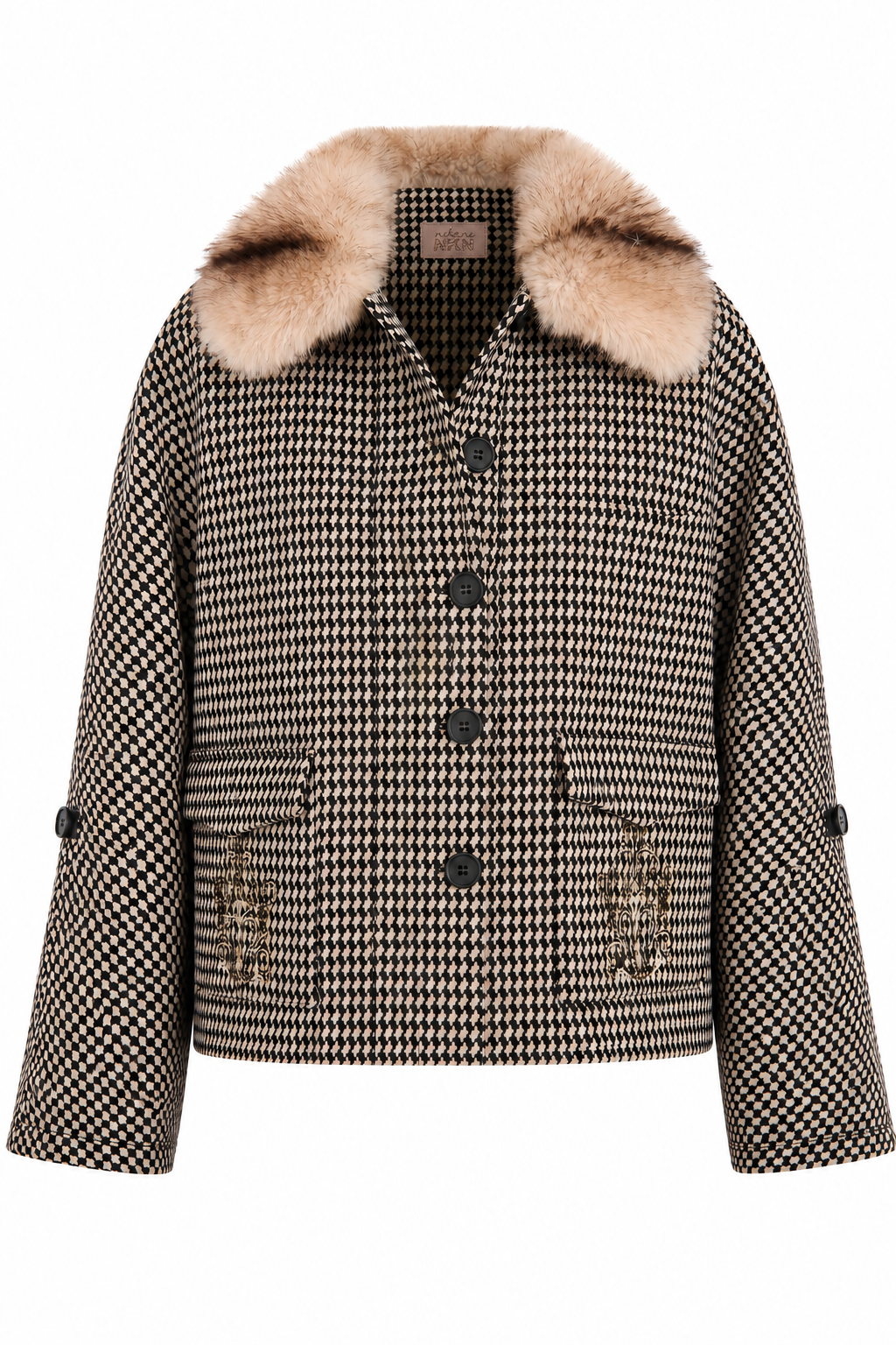 CHAQUETA JACQUARD ADAMADO CUELLO PELO - NEGRO