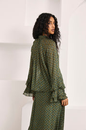 BLUSA ESTAMPADO RETRO VOLANTES Y LAZADA - VERDE