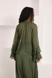 BLUSA ESTAMPADO RETRO VOLANTES Y LAZADA - VERDE