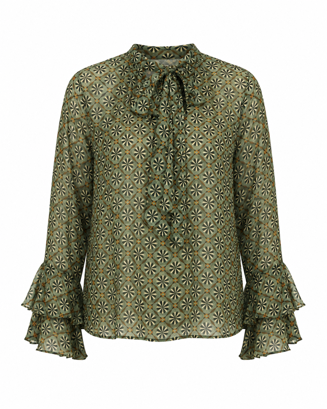 BLUSA ESTAMPADO RETRO VOLANTES Y LAZADA - VERDE