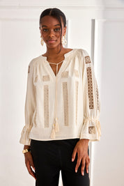 Linen blouse with openwork details and bow, long sleeves - off-white