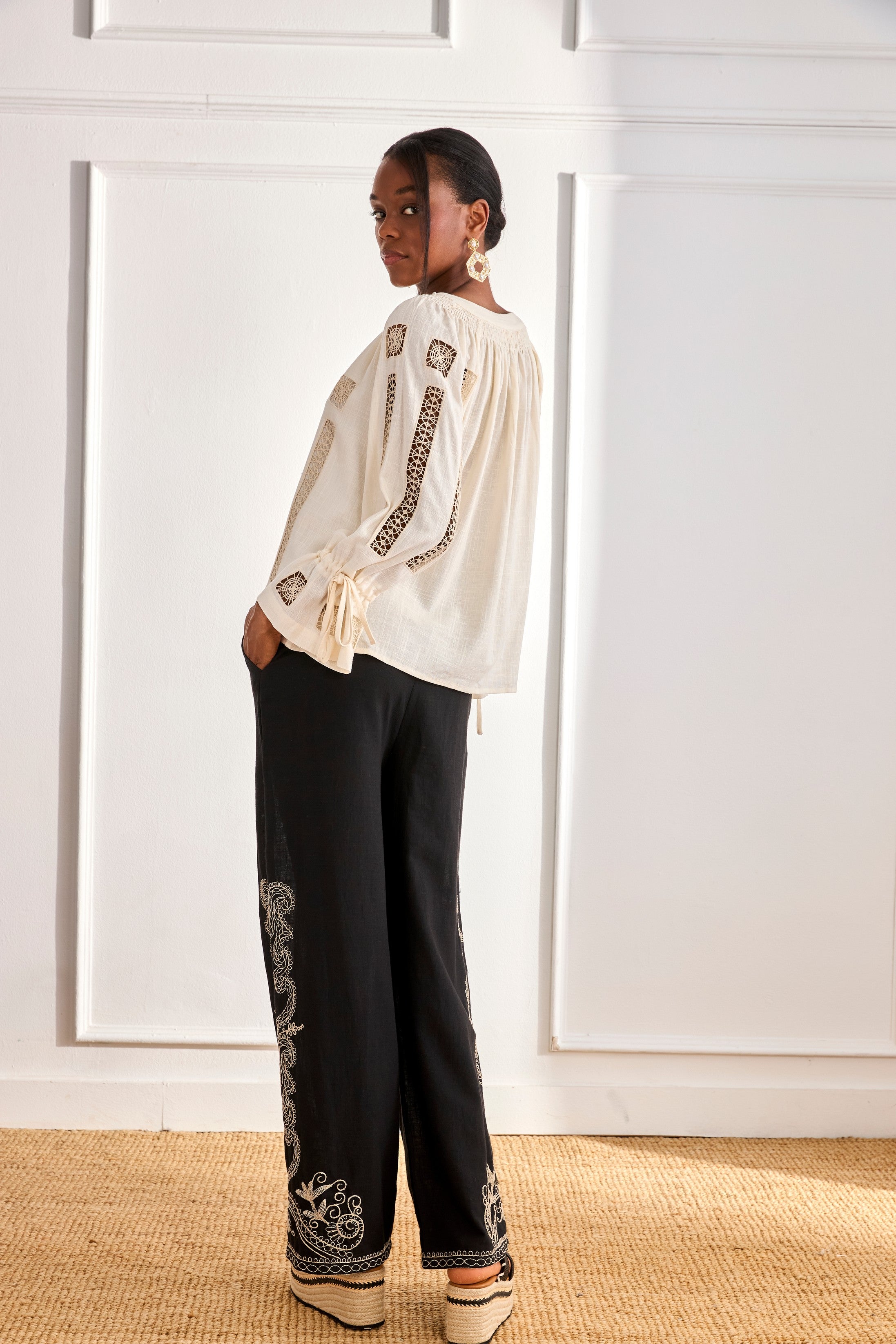Linen blouse with openwork details and bow, long sleeves - off-white