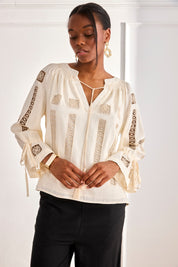 Linen blouse with openwork details and bow, long sleeves - off-white