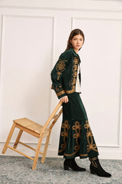 CONTRAST EMBROIDERED VELVET SKIRT - GREEN
