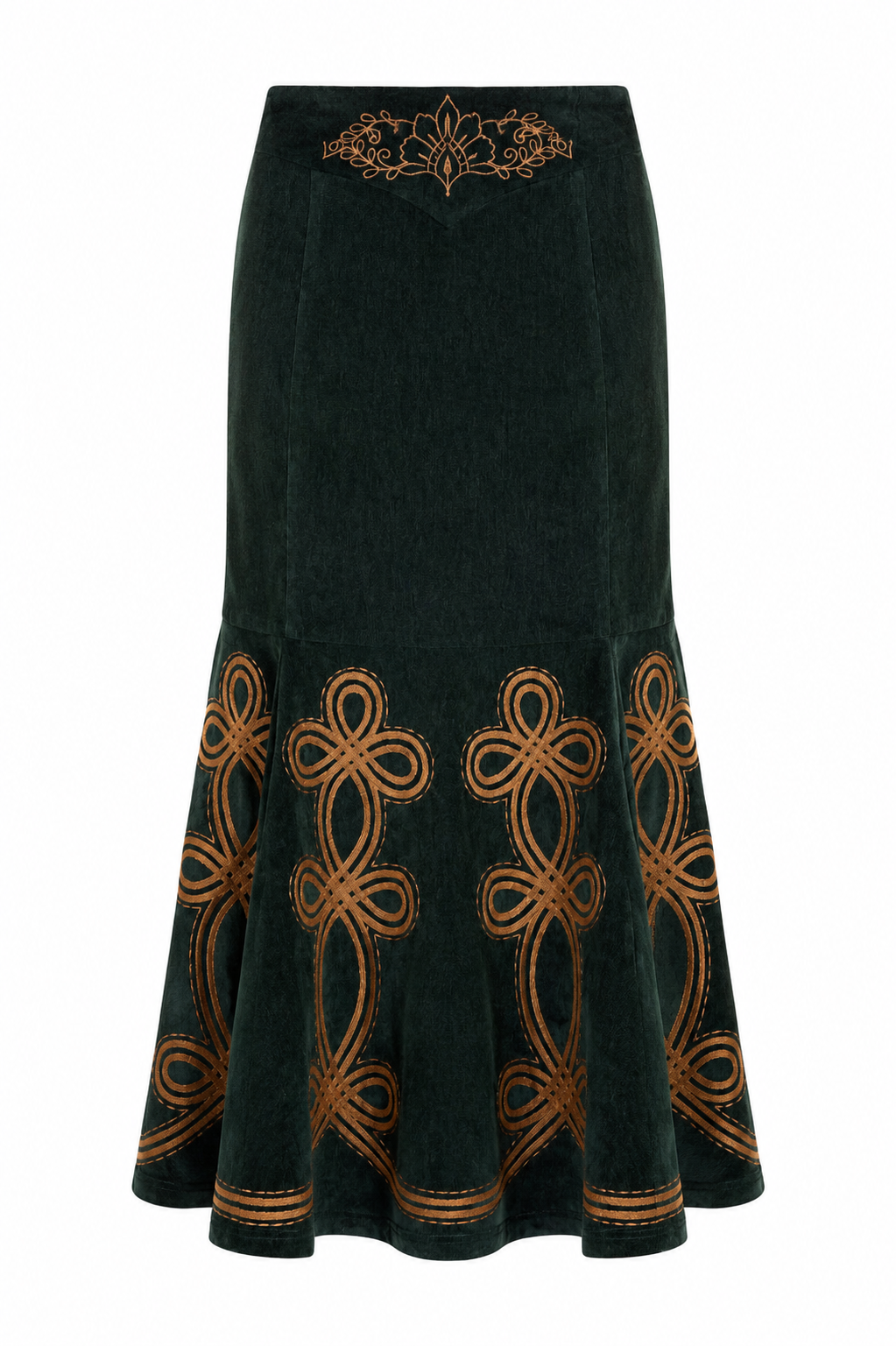 CONTRAST EMBROIDERED VELVET SKIRT - GREEN