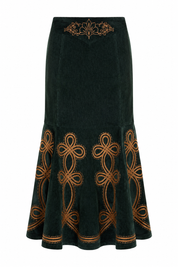 CONTRAST EMBROIDERED VELVET SKIRT - GREEN