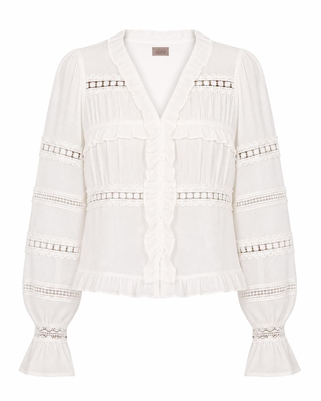 RUFFLED AND LACE TRIM BLOUSE - WHITE - WHITE