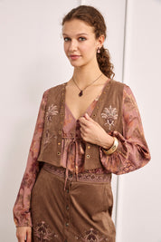 EMBROIDERED AND STUDDED SUEDE VEST - CHOCOLATE