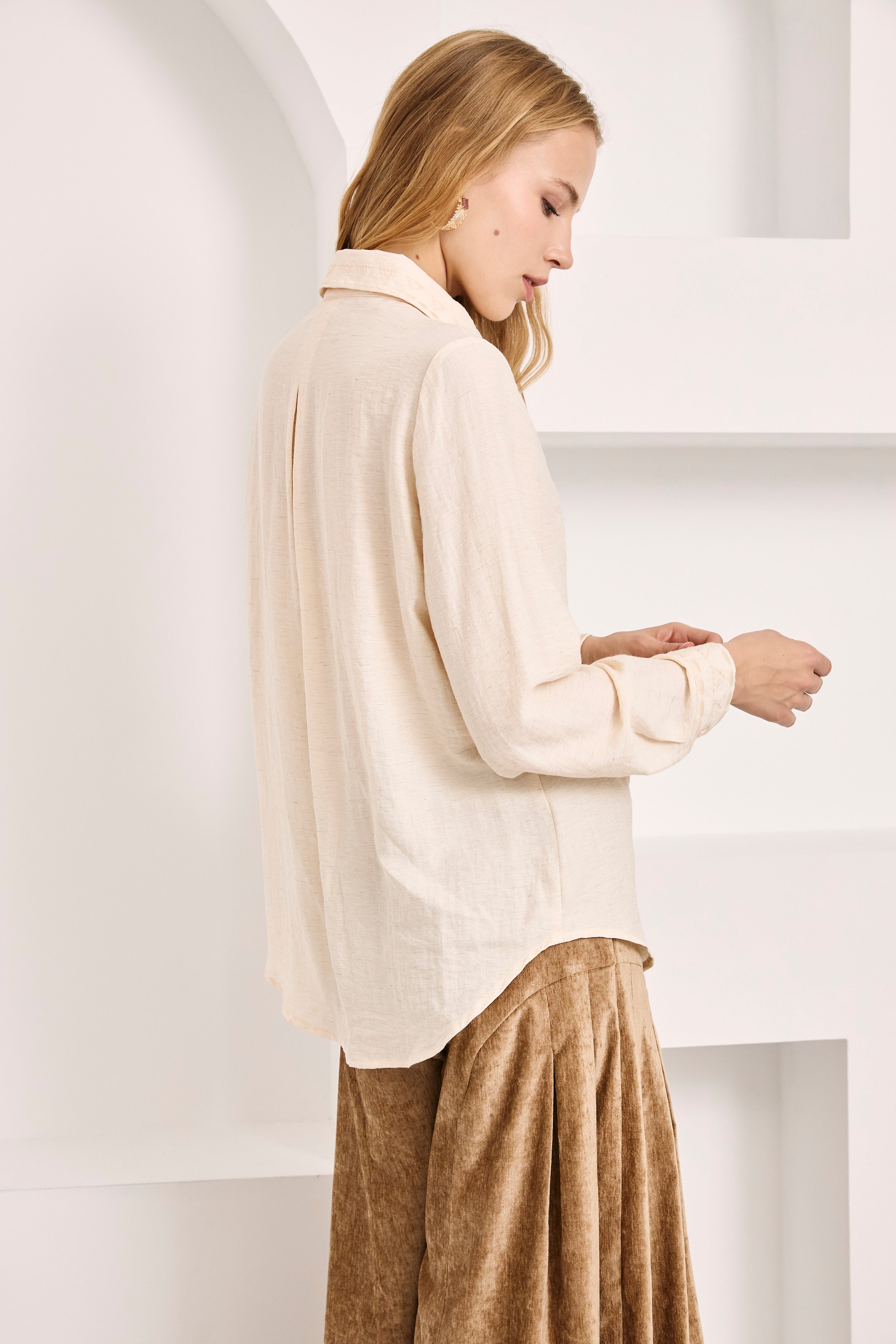 EMBROIDERED AND LACEWORK SHIRT BLOUSE - IVORY - IVORY