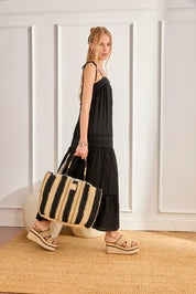 BOLSO DE RAFIA Y RAYAS LUREX - NEGRO