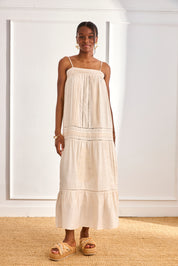 VESTIDO PLISADOS Y CALADOS - CRUDO