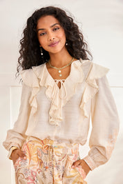 RUFFLED BLOUSE WITH BOW - OFF-WHITE