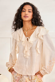 RUFFLED BLOUSE WITH BOW - OFF-WHITE