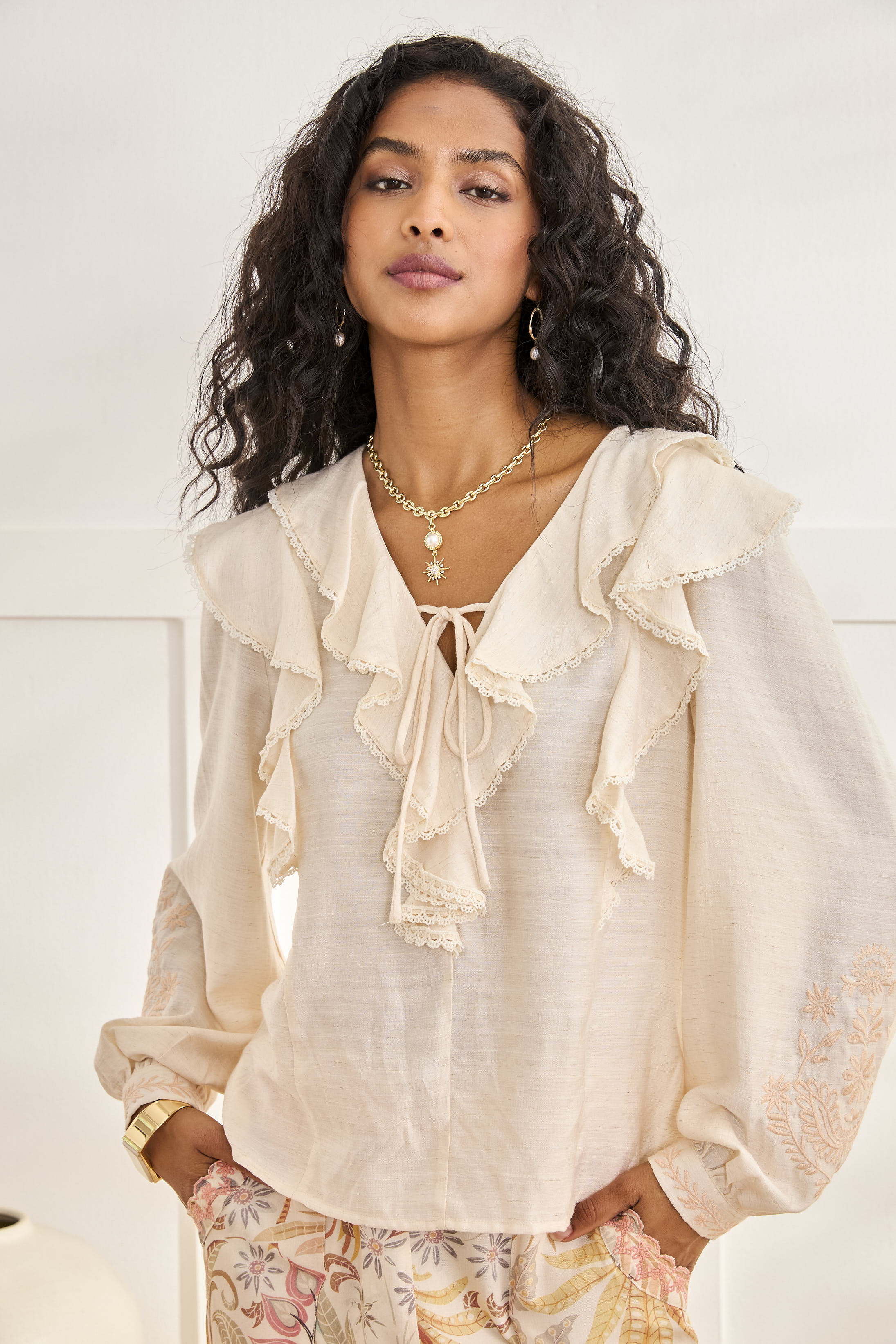 RUFFLED BLOUSE WITH BOW - OFF-WHITE