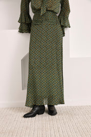 LONG FLOWY PRINTED SKIRT - GREEN - GREEN
