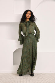 LONG FLOWY PRINTED SKIRT - GREEN - GREEN