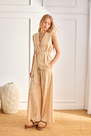 PINSTRIPE TROUSERS WITH PLEATS - CAMEL