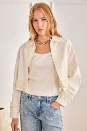 SHORT DENIM JACKET WITH RUFFLES - WHITE