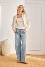 SHORT DENIM JACKET WITH RUFFLES - WHITE