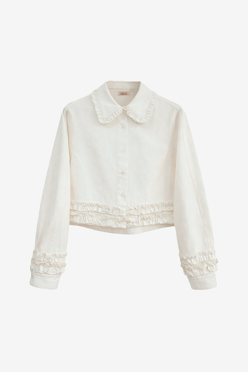 SHORT DENIM JACKET WITH RUFFLES - WHITE
