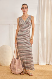 VESTIDO LARGO ESTAMPADO RETRO - ROSA