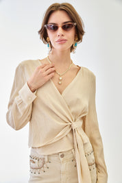 SMOKED CROSSED BLOUSE WITH LACE - CAMEL
