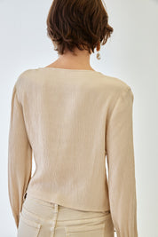 SMOKED CROSSED BLOUSE WITH LACE - CAMEL