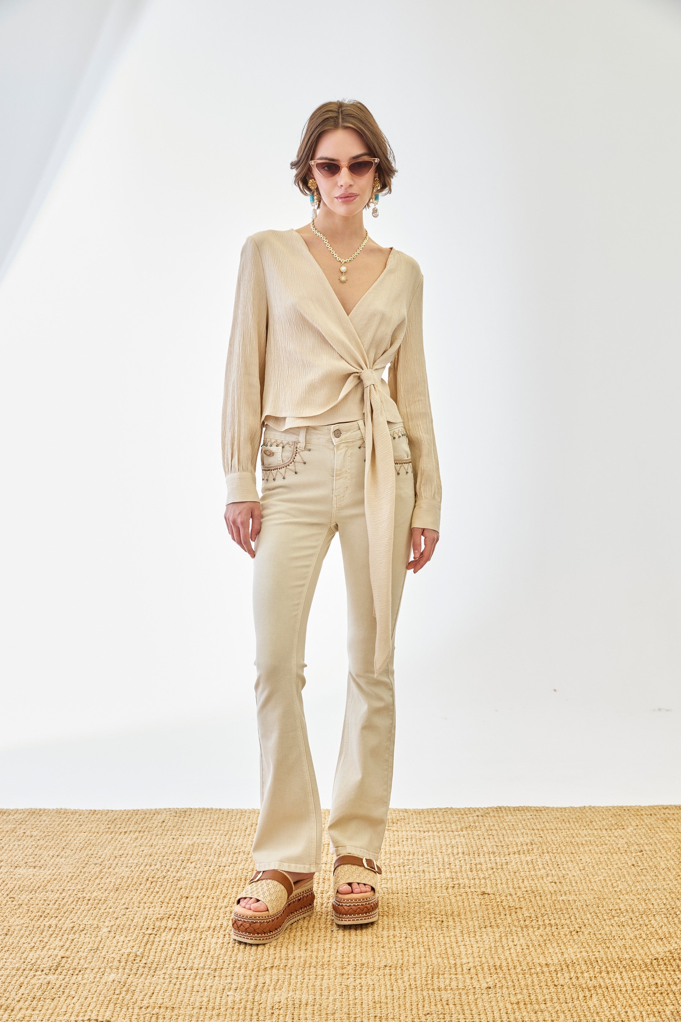 SMOKED CROSSED BLOUSE WITH LACE - CAMEL – NKNnekane