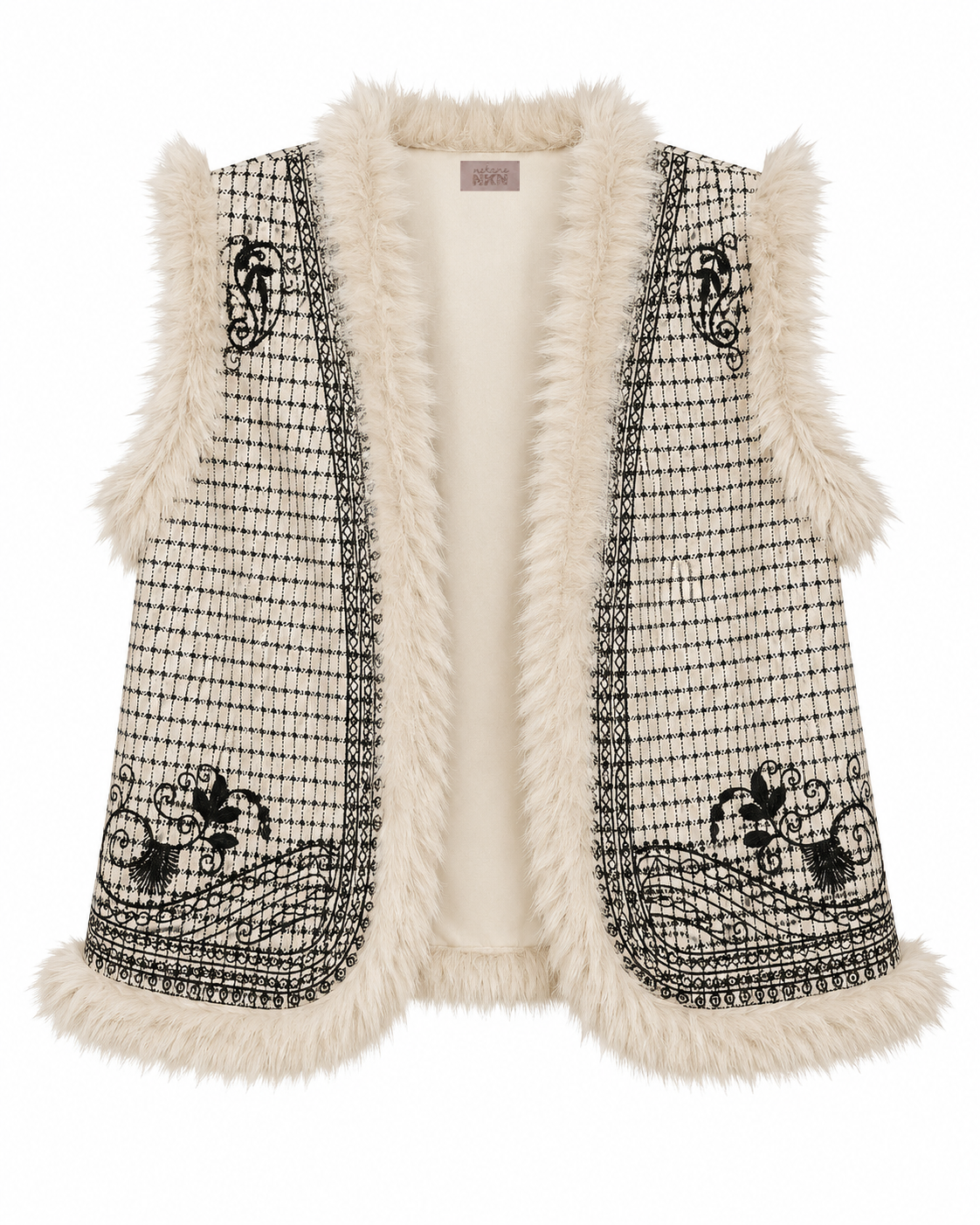 CHALECO CUADROS CON BORDADOS Y PELO - IVORY