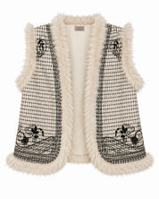 CHALECO CUADROS CON BORDADOS Y PELO - IVORY