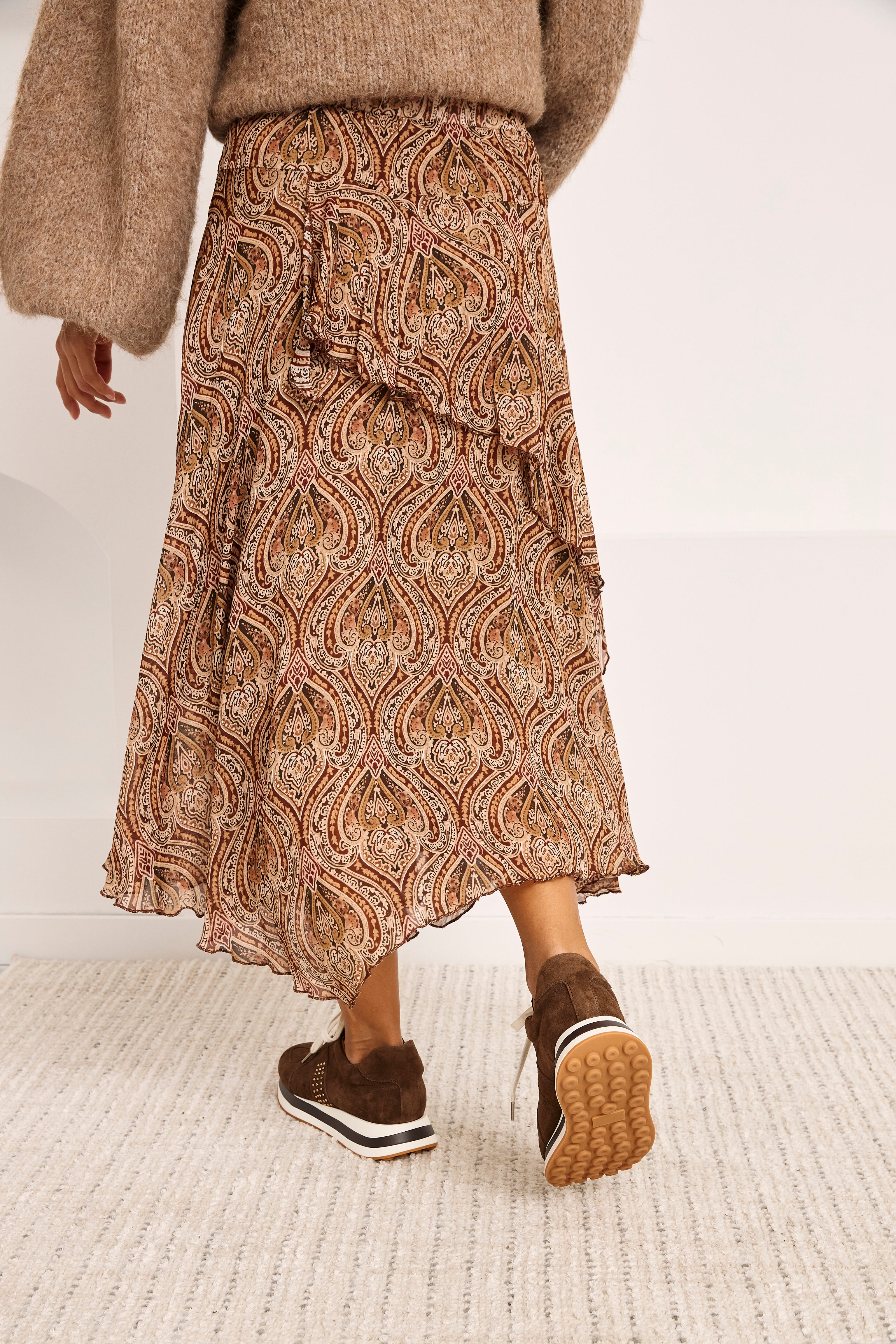 FALDA VOLANTES ASIMÉTRICA PAISLEY - CAMEL