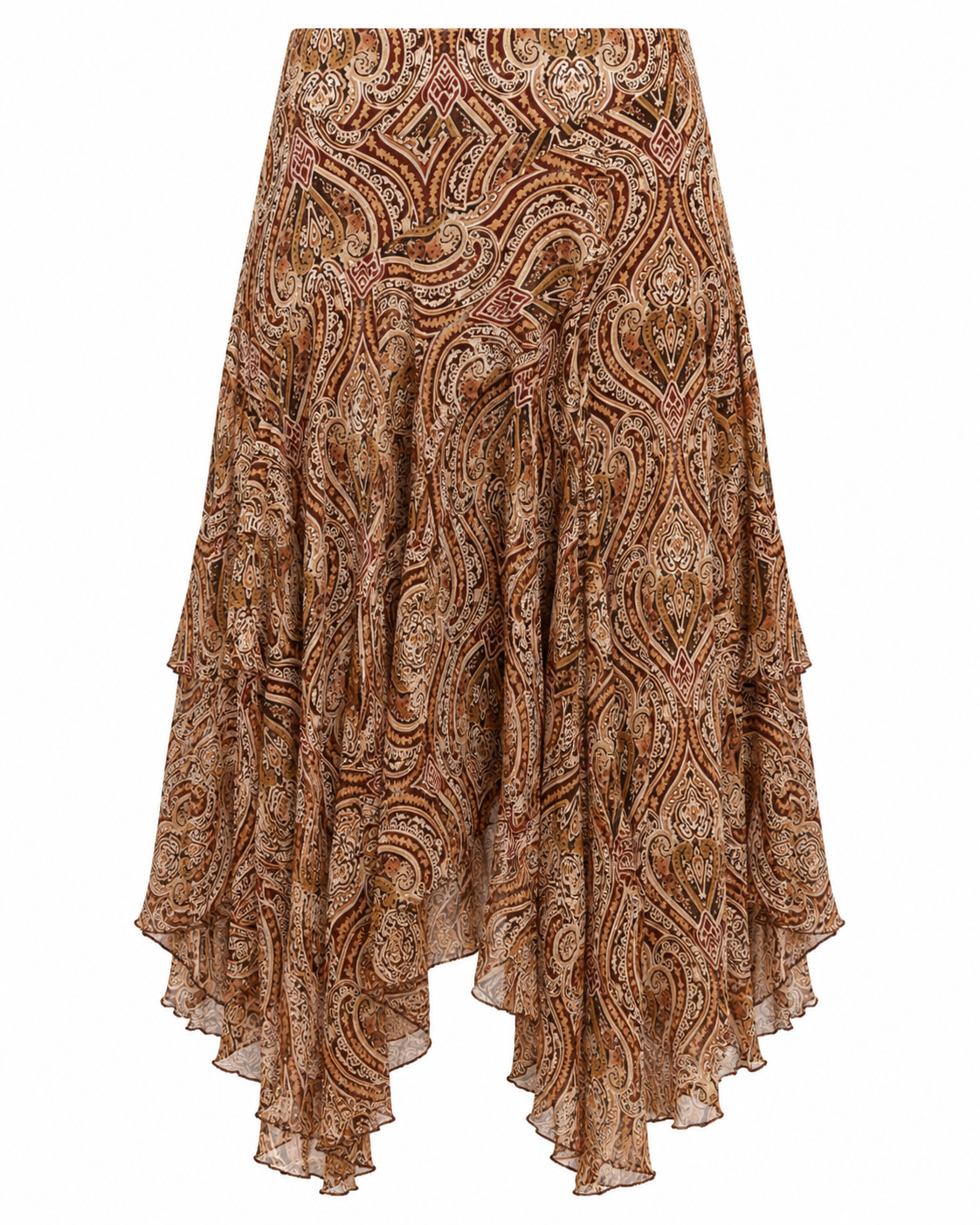 ASYMMETRIC RUFFLED PAISLEY SKIRT - CAMEL