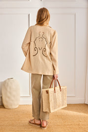 PINSTRIPE BLAZER WITH OPEN-BACK DETAILS - CAMEL