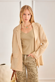 PINSTRIPE BLAZER WITH OPEN-BACK DETAILS - CAMEL