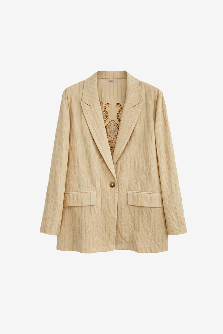 PINSTRIPE BLAZER WITH OPEN-BACK DETAILS - CAMEL