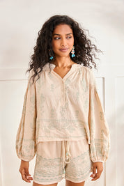 EMBROIDERED PALM TREE BLOUSE - OFF-WHITE
