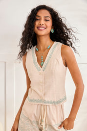 CHALECO BORDADO BOTONES - CRUDO