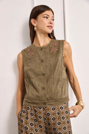 FAUX SUEDE STUDDED VEST - KHAKI - KHAKI
