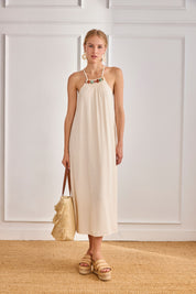SMOKED HALTER DRESS WITH STONES - RAW