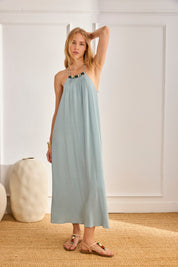 VESTIDO SMOKED HALTER PIEDRAS - AZUL