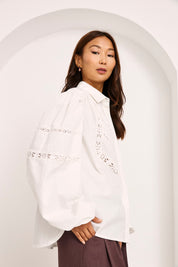 EMBROIDERED BLOUSE WITH PUFF SLEEVES - WHITE - WHITE
