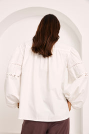 EMBROIDERED BLOUSE WITH PUFF SLEEVES - WHITE - WHITE