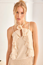 HALTER TOP WITH FLORAL AND RUFFLES - RAW