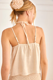 HALTER TOP WITH FLORAL AND RUFFLES - RAW