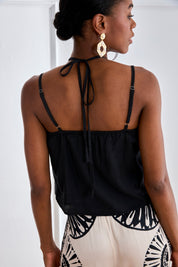 HALTER TOP WITH FLORAL AND RUFFLES - BLACK