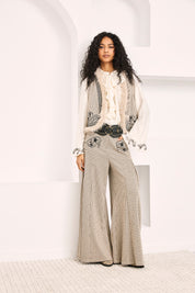 PANTALÓN PALAZZO CUADROS CON BORDADOS  - IVORY