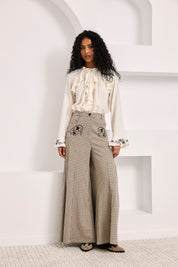 PANTALÓN PALAZZO CUADROS CON BORDADOS  - IVORY