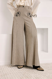 PANTALÓN PALAZZO CUADROS CON BORDADOS  - IVORY