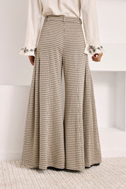PANTALÓN PALAZZO CUADROS CON BORDADOS  - IVORY